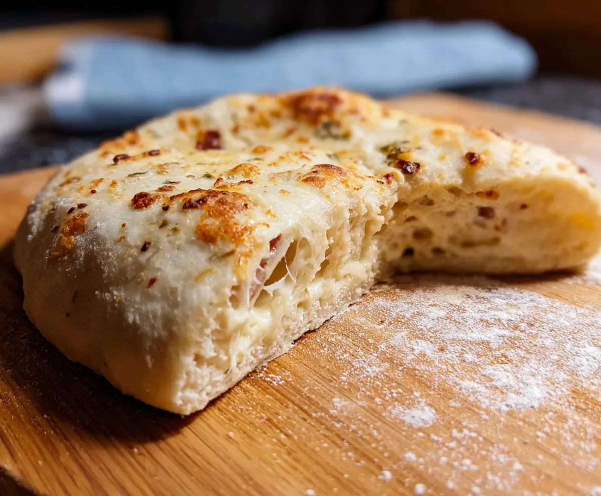 Homemade sourdough discard pizza dough ready for baking on a floured surface