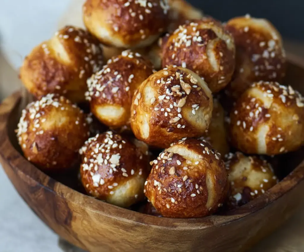 Delicious sourdough discard soft pretzel bites served with mustard dip on a rustic wooden surface.
