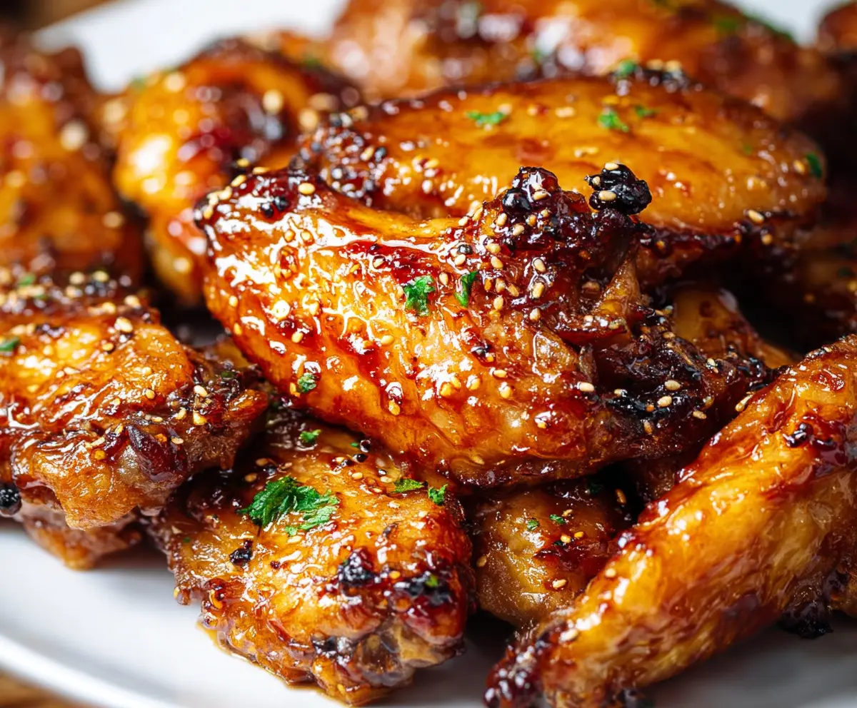 Delicious sticky pineapple-teriyaki chicken wings served on a plate with fresh pineapple slices