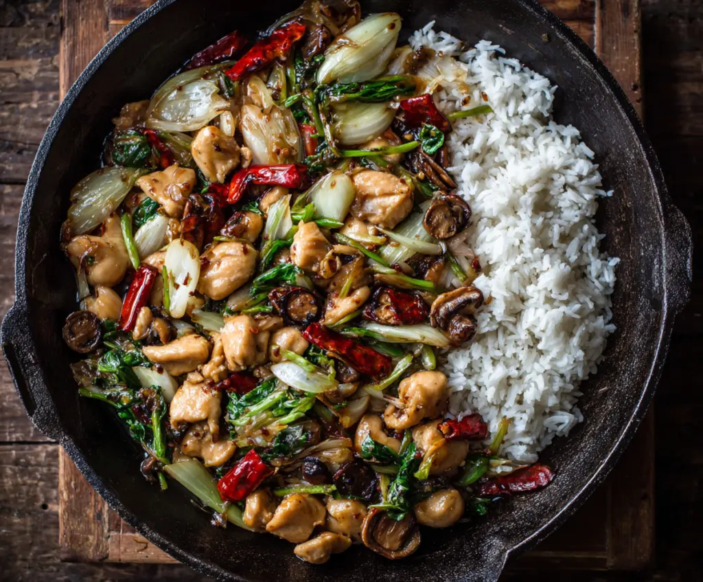 Delicious stir-fried Chinese garlic chicken with crispy vegetables and savory sauce.