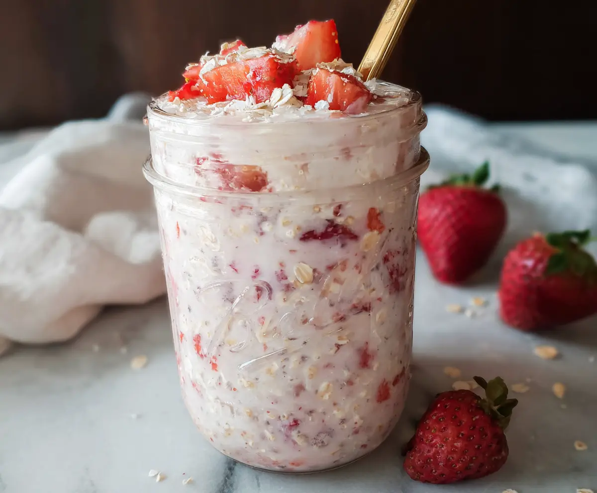 Delicious strawberries and cream overnight oats in a glass jar with fresh strawberries on top.