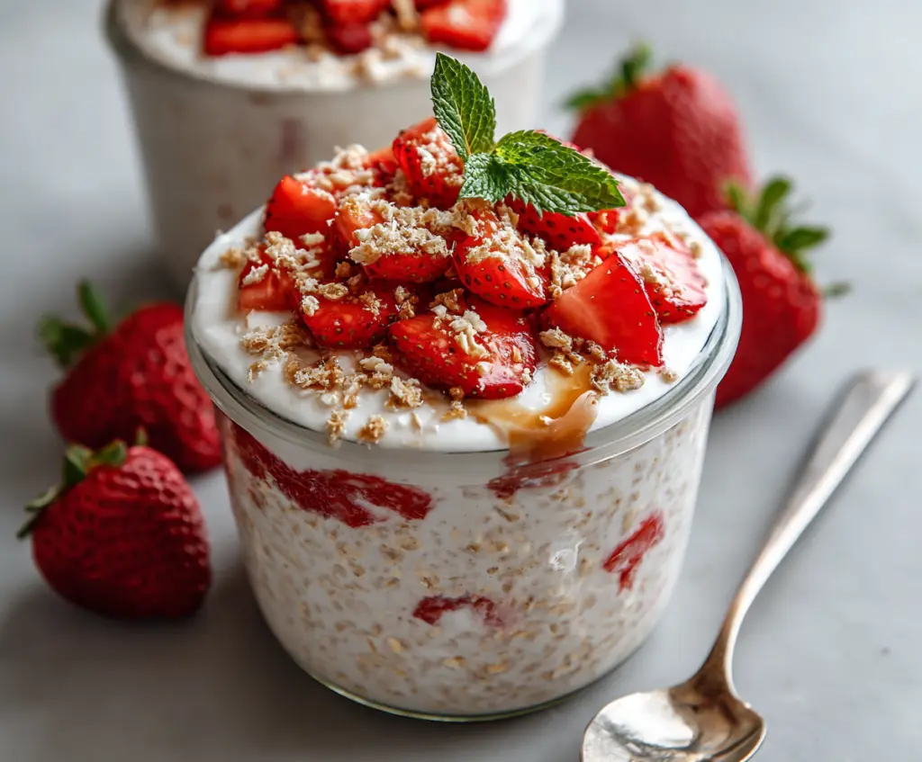 Creamy strawberry cheesecake overnight oats garnished with fresh strawberries and a graham cracker crust.