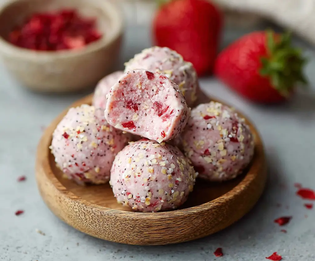 Delicious strawberry cheesecake protein balls on a white plate, perfect for healthy snacks and dessert lovers.
