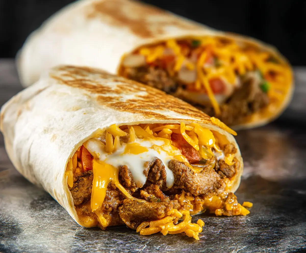 Close-up of a Taco Bell Beefy Melt Burrito with melted cheese and seasoned beef inside.