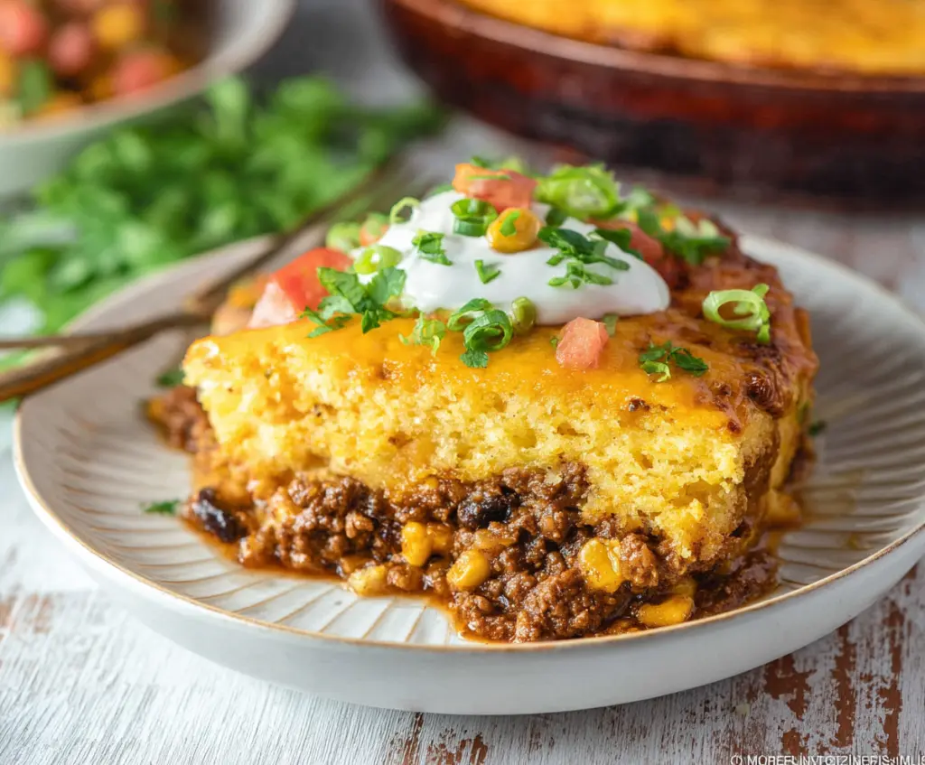 Delicious Texas Tamale Pie Casserole topped with melted cheese in a baking dish.