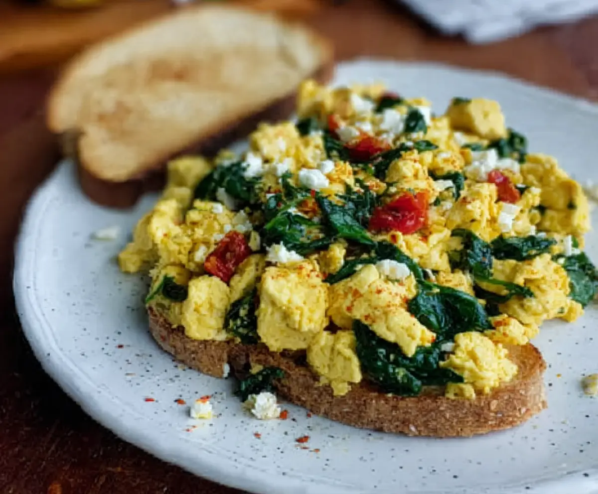 Delicious tofu and spinach breakfast scramble topped with feta cheese, perfect for a healthy start to the day.