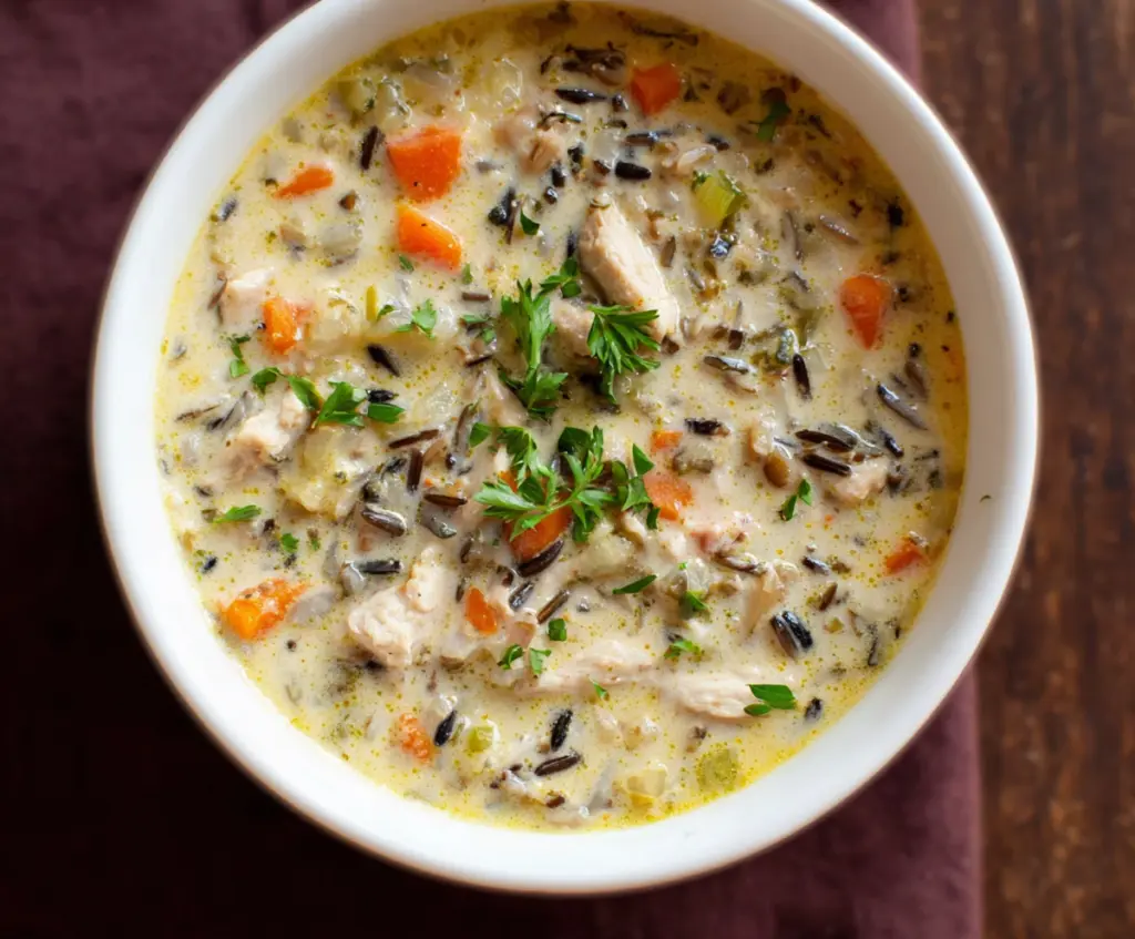 Hearty turkey wild rice soup in a bowl with fresh herbs, perfect for a comforting meal.