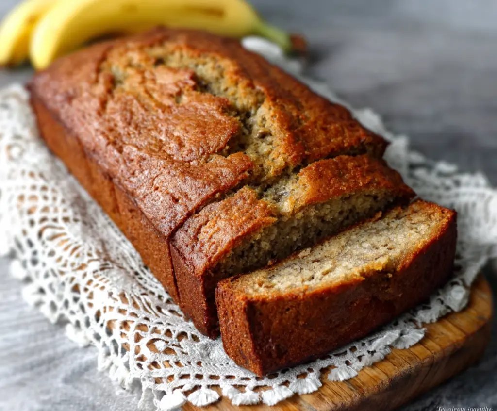 Delicious ultra-moist classic banana bread slices on a plate, showcasing golden-brown crust and soft interior.