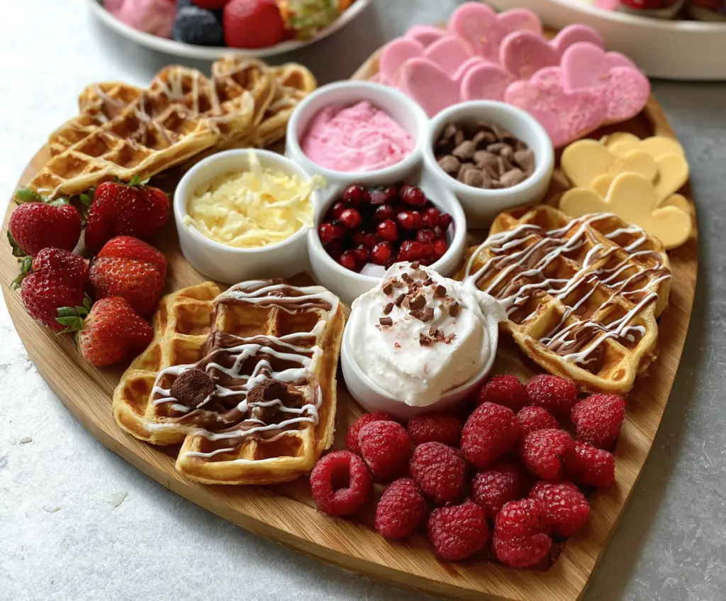 Delicious Valentine’s Day waffle board decorated with strawberries and whipped cream for a romantic breakfast.