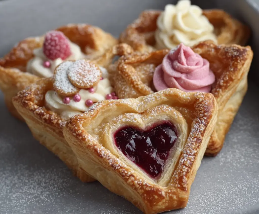 Valentines Love Letter Pastries sweet baked treats with romantic red and pink frosting for Valentine's Day