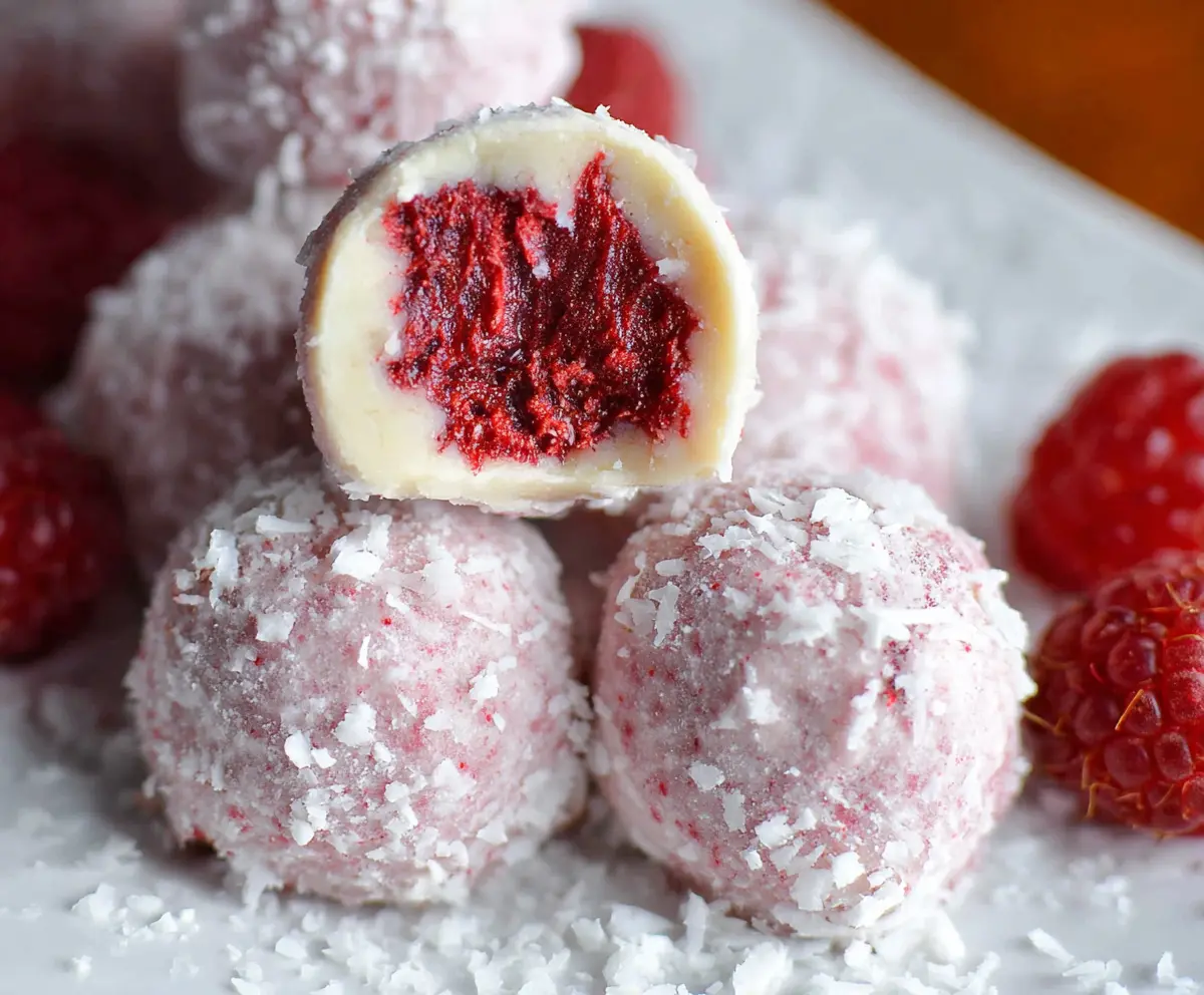 Delicious white chocolate raspberry truffles with a smooth coating and fresh raspberry filling.