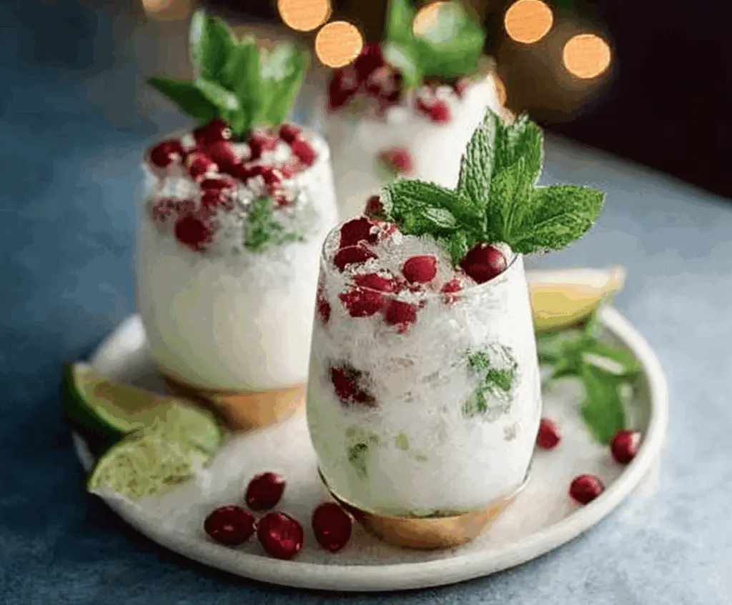 Refreshing White Christmas Mojitos with mint, lime, and white rum in a festive glass.