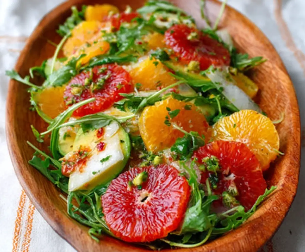 Fresh winter citrus slices with peppery arugula and a light vinaigrette in a vibrant salad bowl.