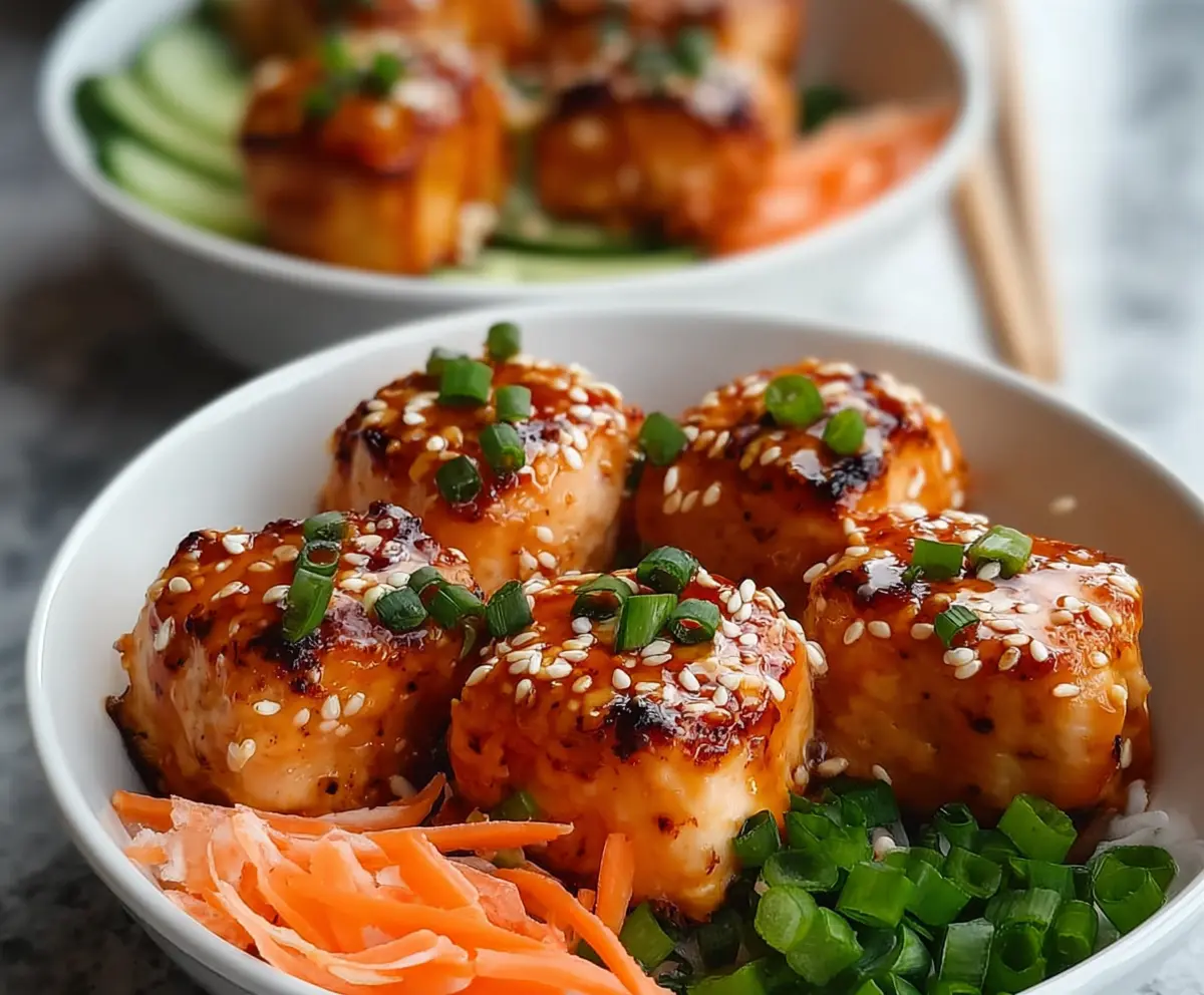 Delicious Bang Bang Salmon Bites served in a vibrant bowl with fresh vegetables and a spicy sauce.