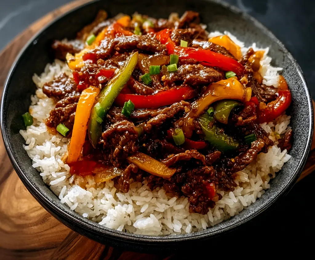 Delicious beef and pepper rice bowl garnished with fresh herbs, perfect for a flavorful dinner.