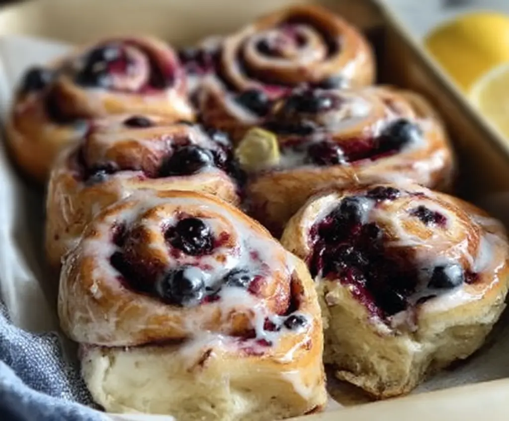 Fresh blueberry lemon sourdough sweet rolls on a baking tray, showing golden-brown crust and vibrant blueberries.