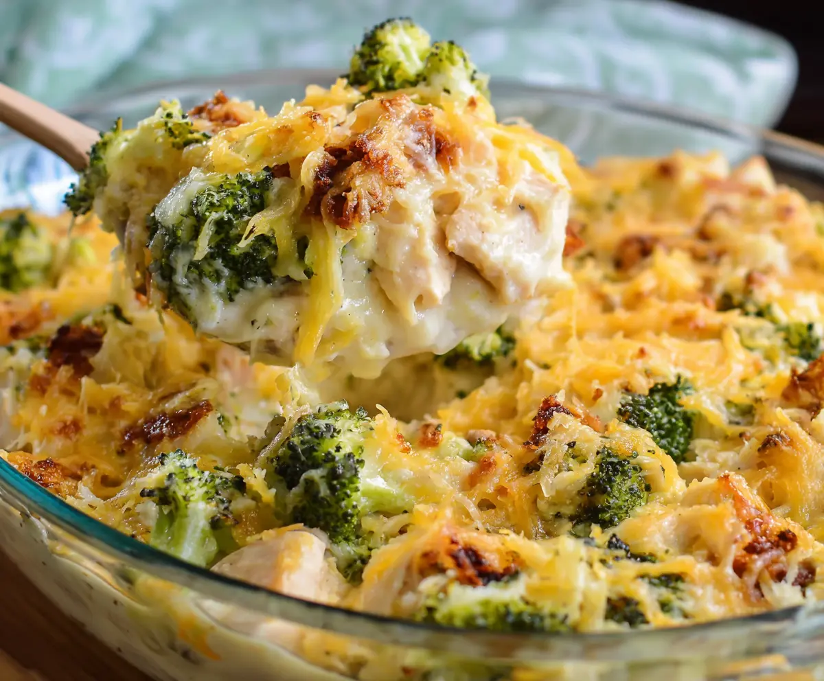 Delicious broccoli and chicken casserole garnished with cheese, perfect for a nutritious family dinner