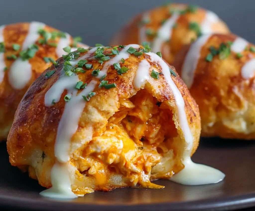 Delicious buffalo chicken bombs with crispy exterior and spicy filling, perfect for game day snacks.