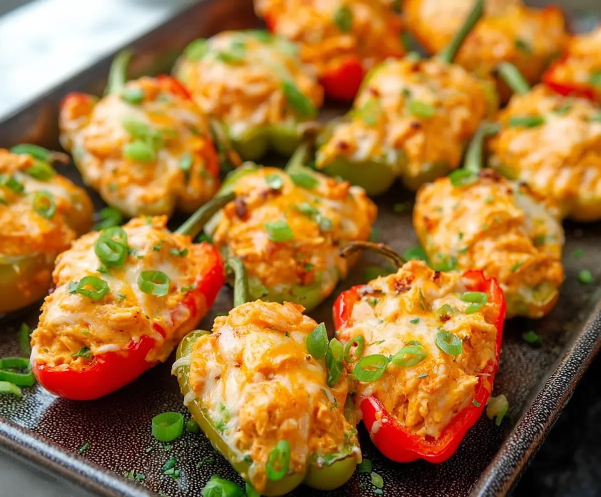 Creamy buffalo chicken dip stuffed mini peppers with melted cheese and fresh herbs.