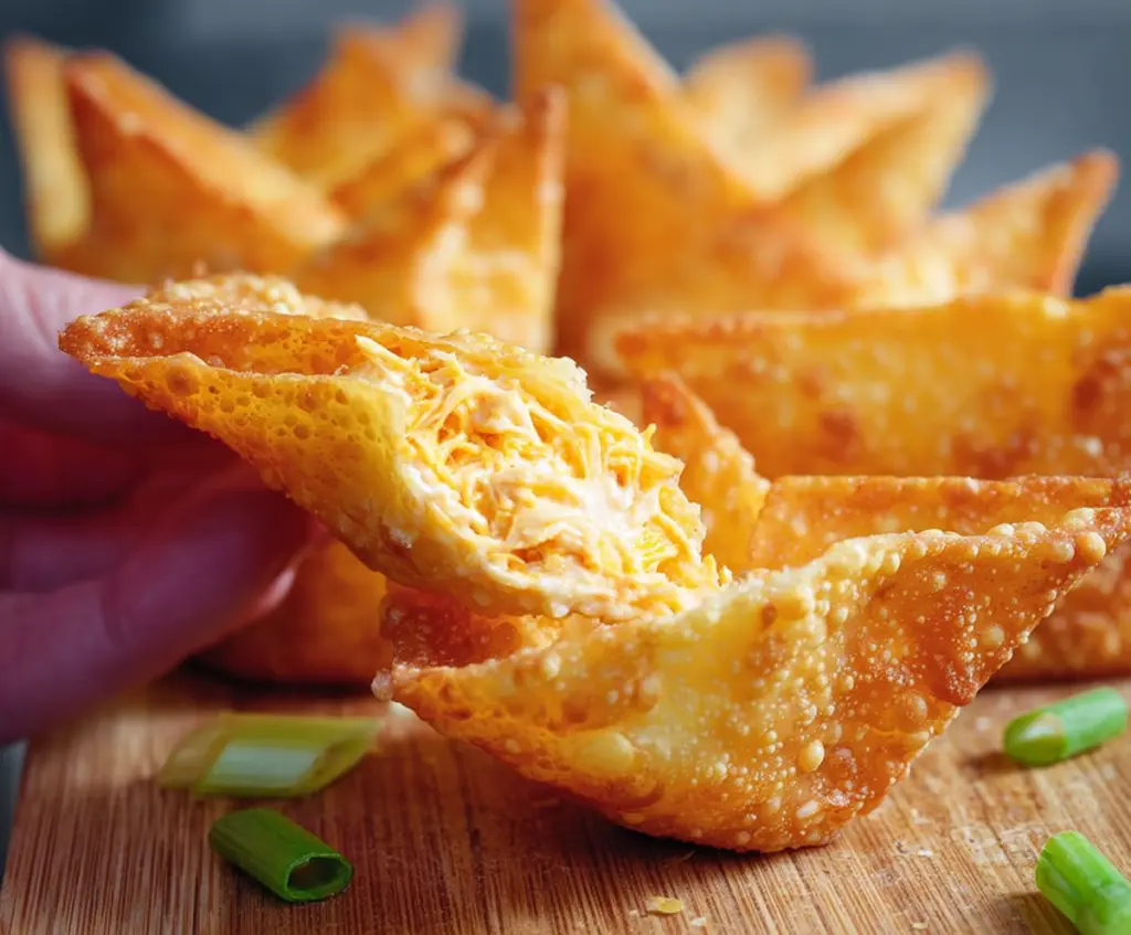 Crispy Buffalo Chicken Rangoons filled with spicy chicken and creamy cheese, served as a delicious appetizer.