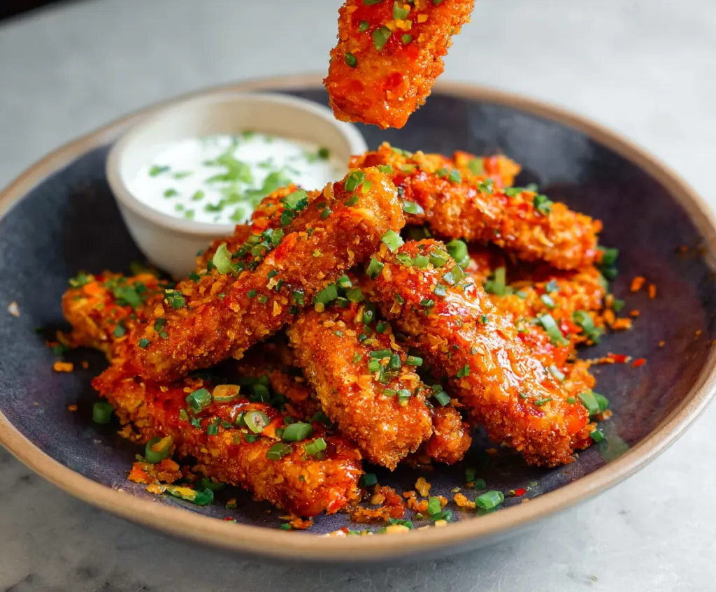 Vegan Buffalo Tofu Wings served with celery and dipping sauce on a plate