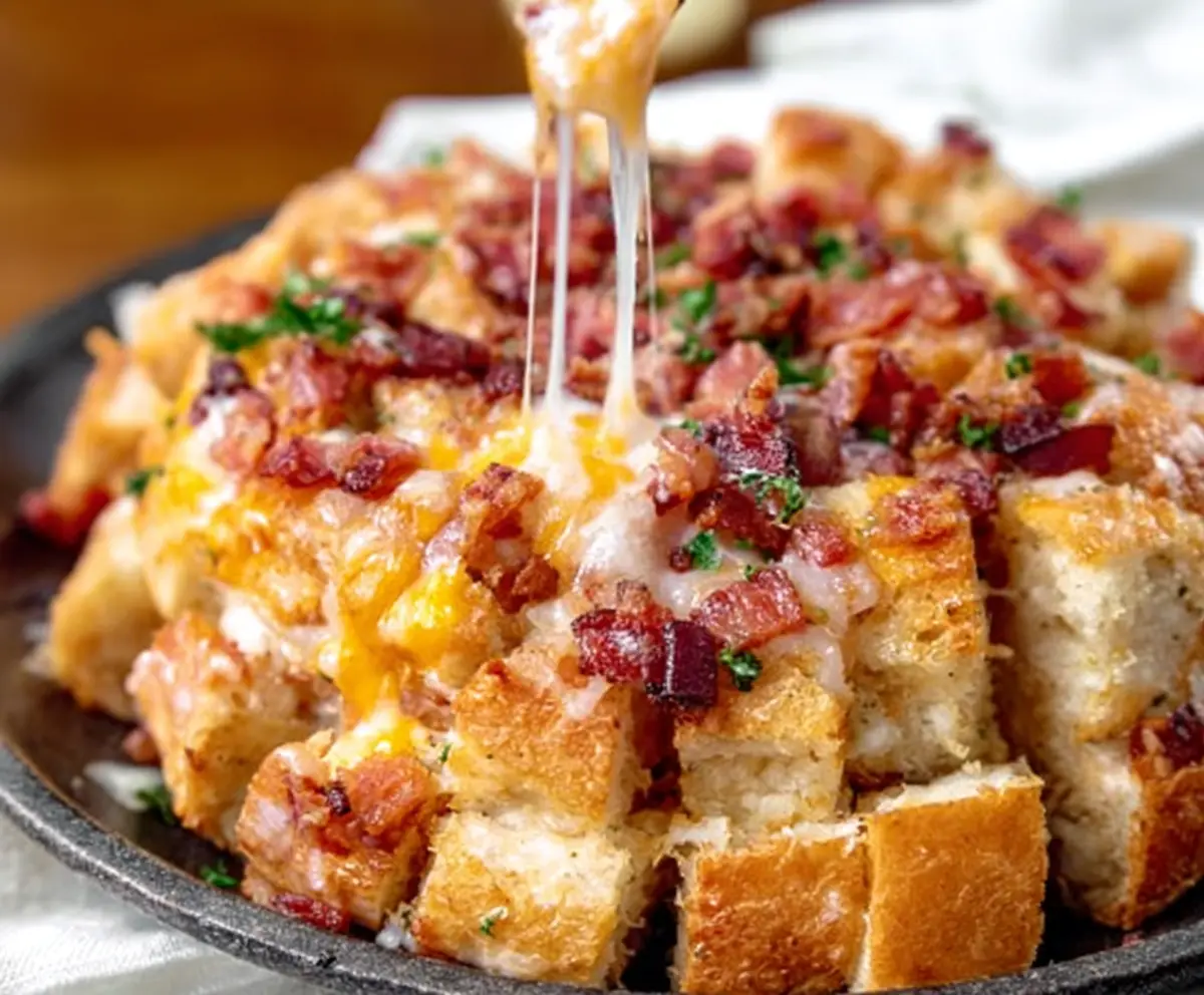 Delicious Cheesy Bacon Ranch Pull-Apart Bread with gooey cheese, crispy bacon, and fresh herbs.