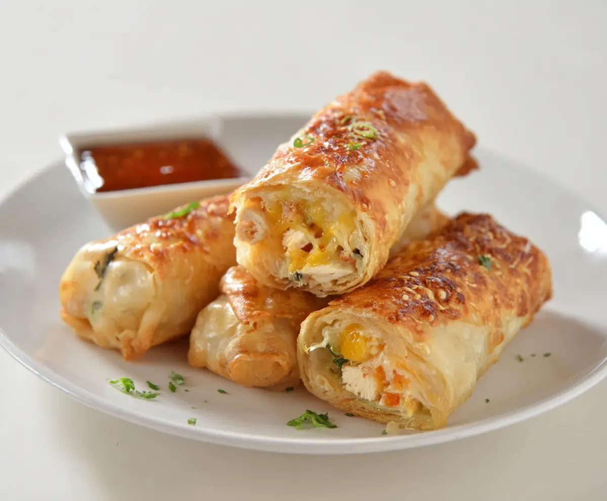 Delicious cheesy chicken spring roll on a plate, perfect appetizer for parties.