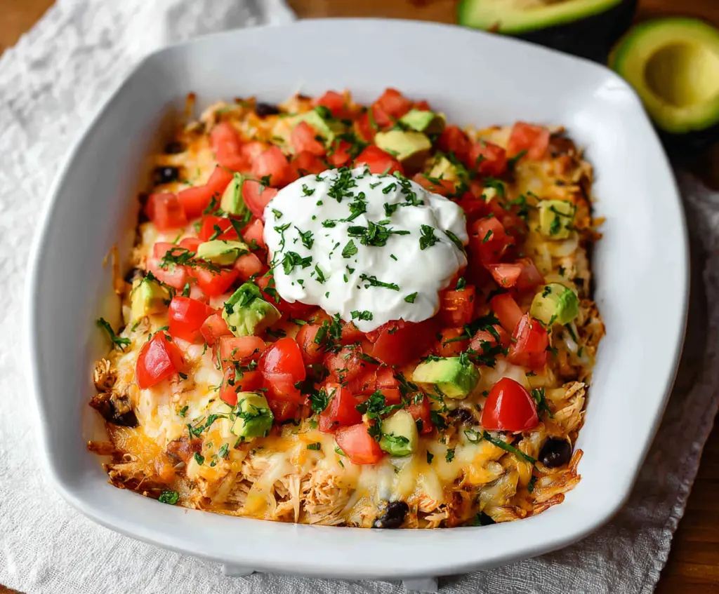 Delicious Chicken Burrito Casserole with melted cheese, seasoned chicken, and fresh toppings.