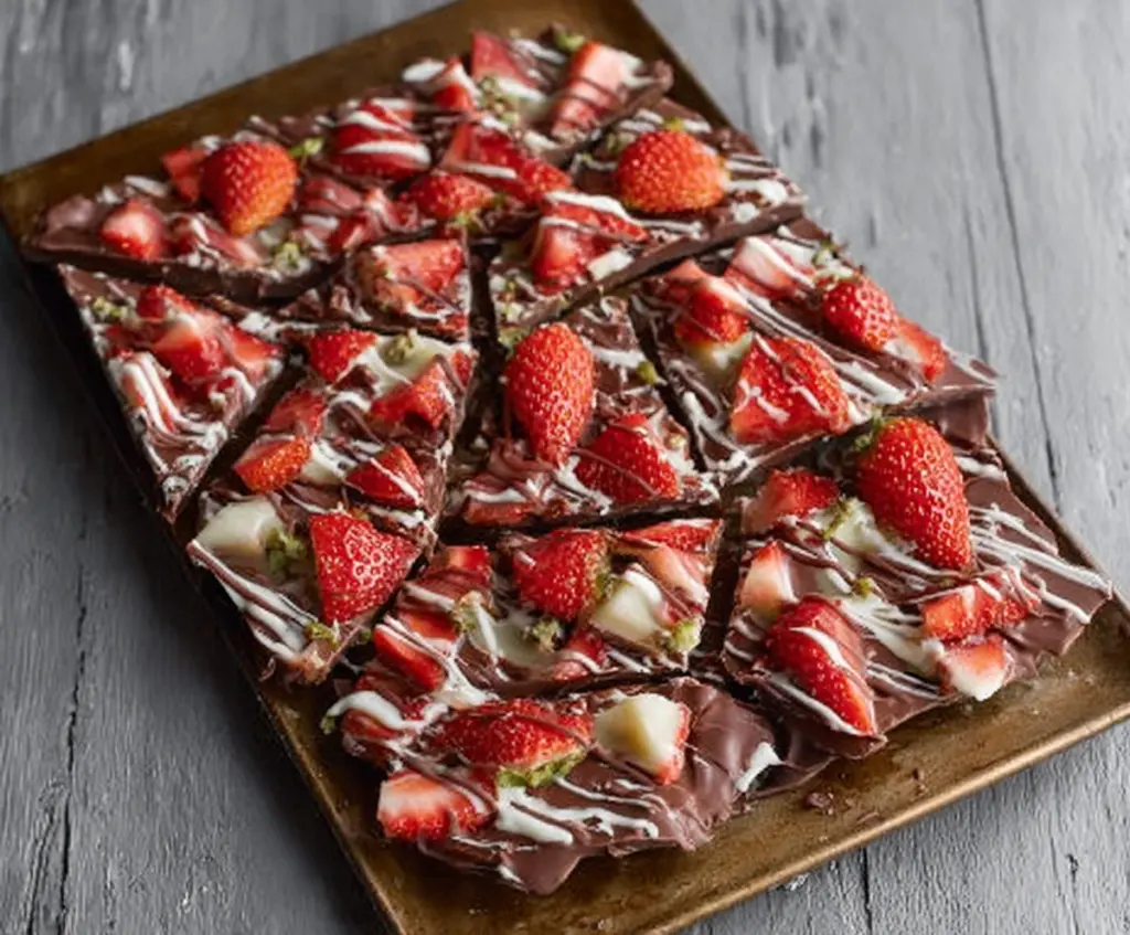 Decadent chocolate covered strawberry bark with fresh strawberries and glossy chocolate coating