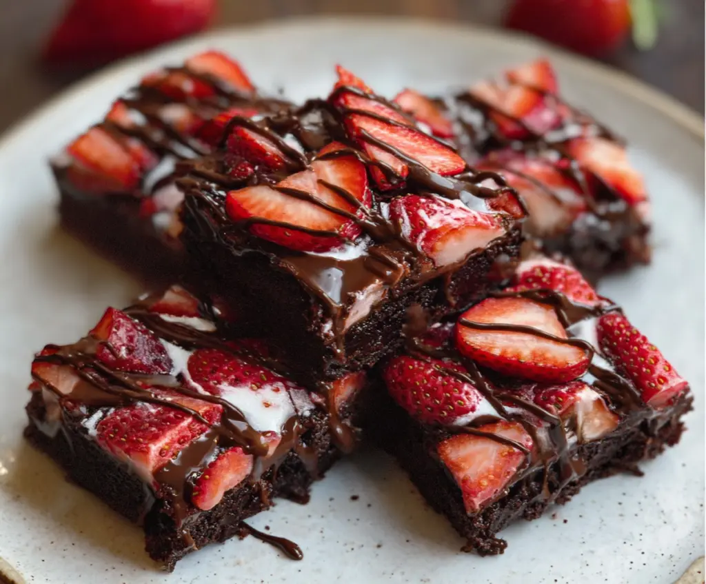 Delicious chocolate covered strawberry brownies on a white plate with fresh strawberries and melted chocolate.