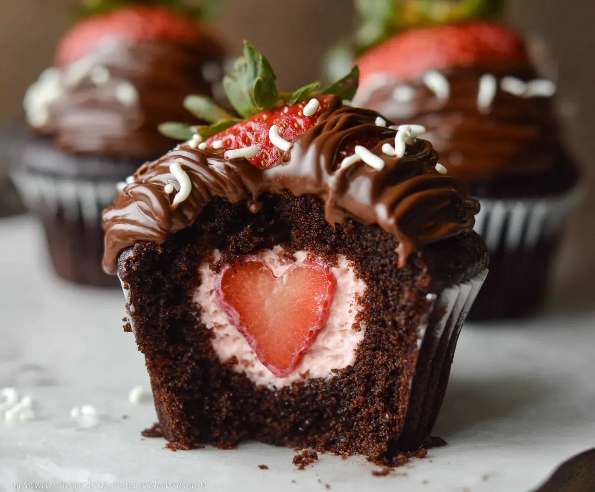 Delicious chocolate covered strawberry cupcakes with fresh strawberries and rich chocolate icing