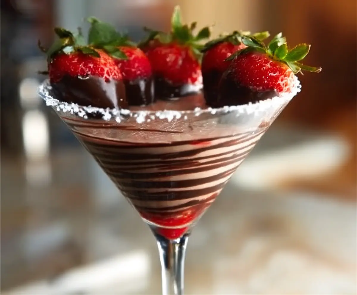 Elegant chocolate covered strawberry martini in a stylish glass with fresh strawberries and chocolate drizzle.