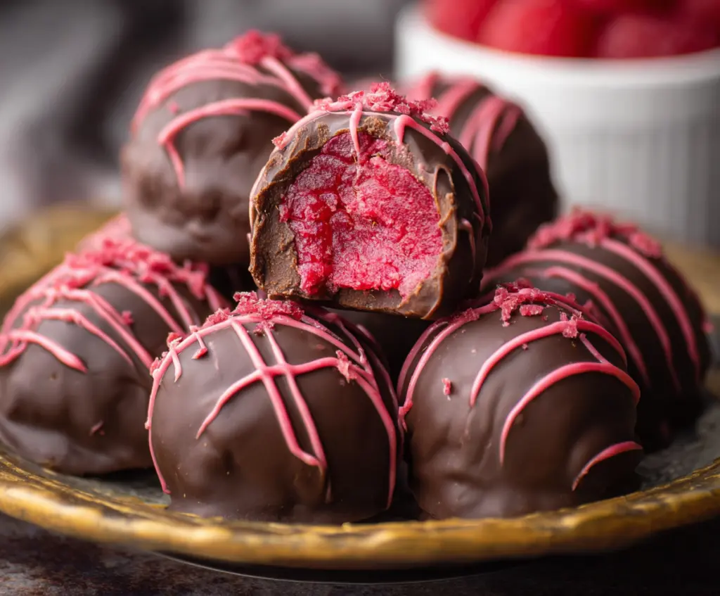 Rich chocolate raspberry truffles with a glossy finish, perfect for dessert lovers.