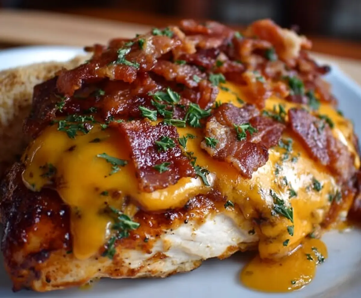 Juicy Cowboy BBQ Bacon Cheddar Chicken served with melted cheese, crispy bacon, and smoky barbecue sauce on a plate.