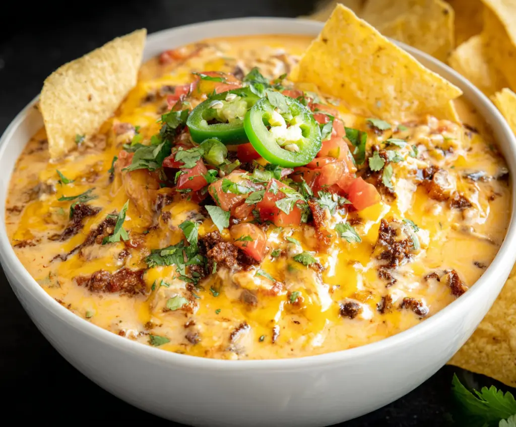 Savory Cowboy Queso with melted cheese, jalapenos, and crispy tortilla chips in a serving bowl.