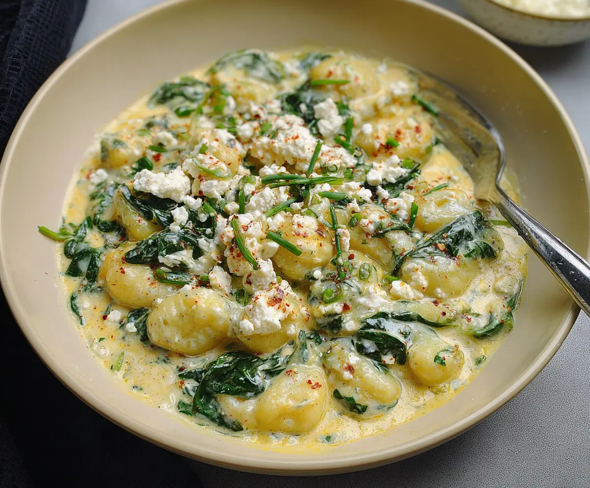 Delicious creamy gnocchi with fresh spinach and crumbled feta cheese on a plate.