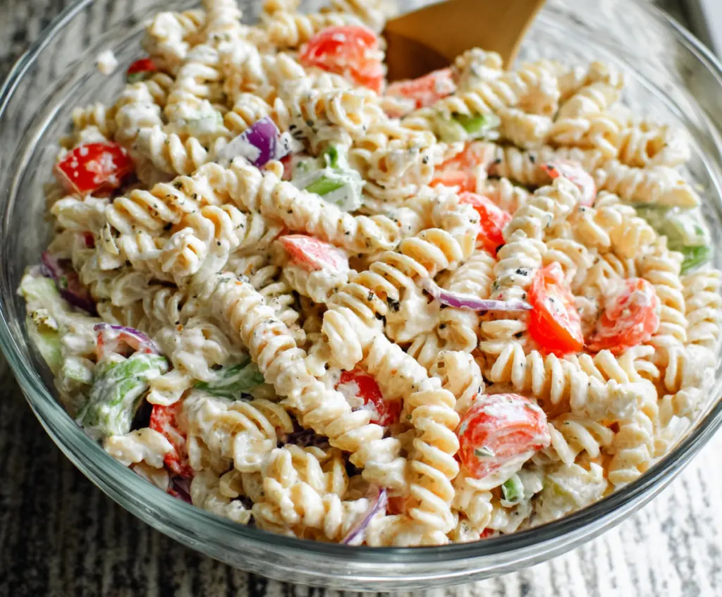 Creamy Pasta Salad featuring colorful vegetables and a rich, creamy dressing