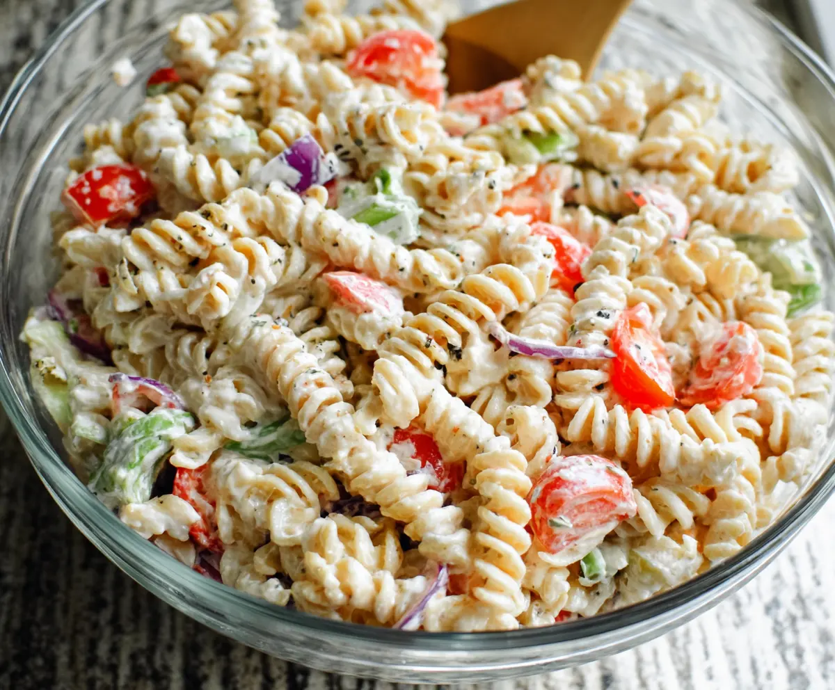Creamy Pasta Salad featuring colorful vegetables and a rich, creamy dressing