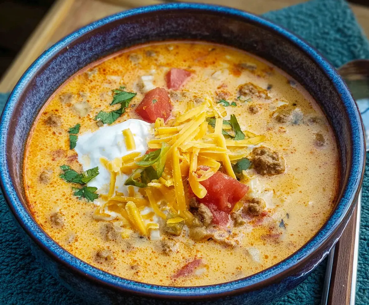 Creamy taco soup in a bowl garnished with fresh cilantro and shredded cheese ready for serving