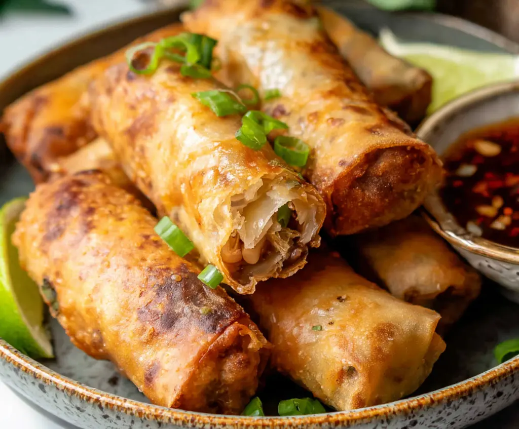 Crispy Air Fryer Spring Rolls on a white plate with fresh dipping sauce