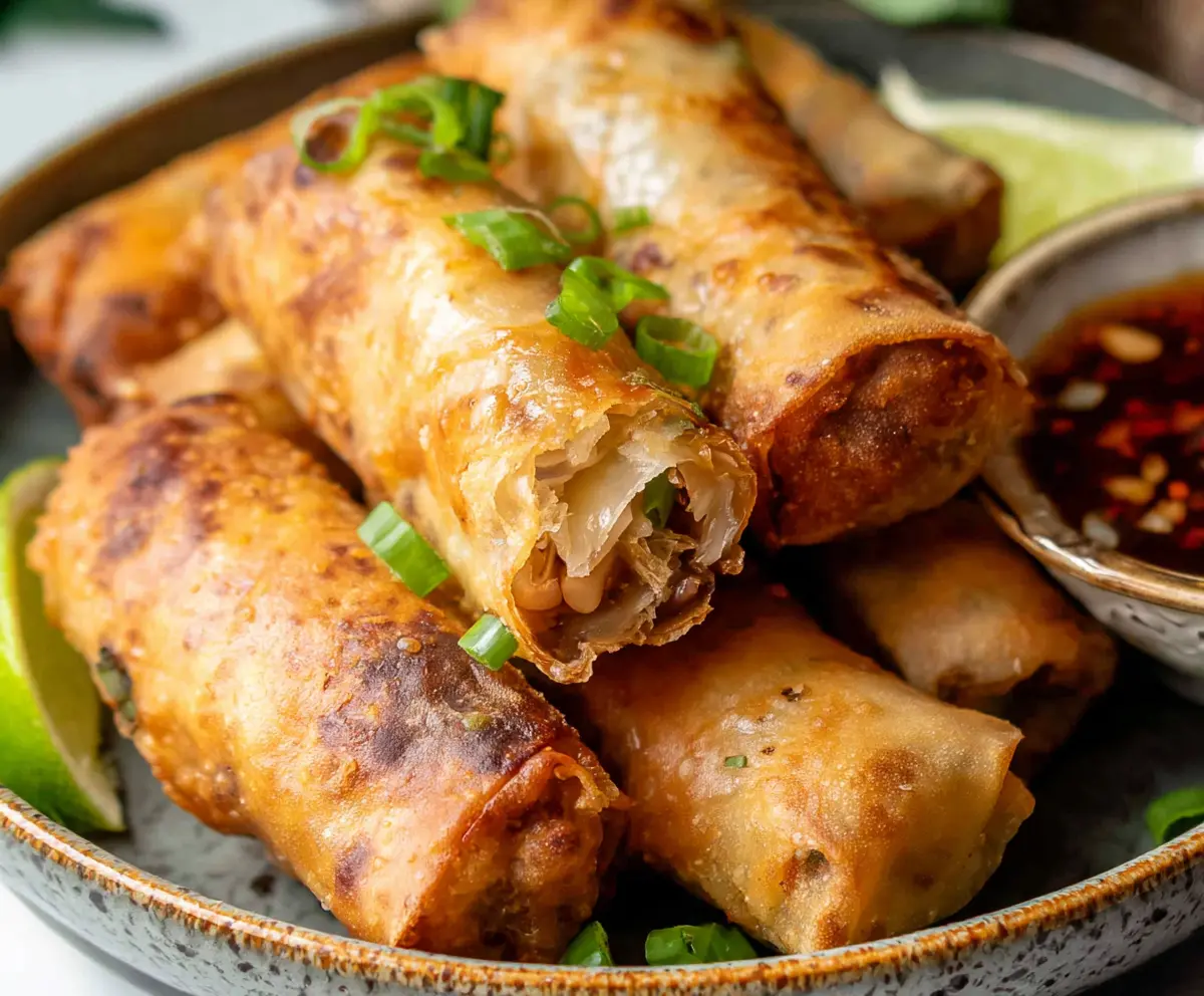 Crispy Air Fryer Spring Rolls on a white plate with fresh dipping sauce