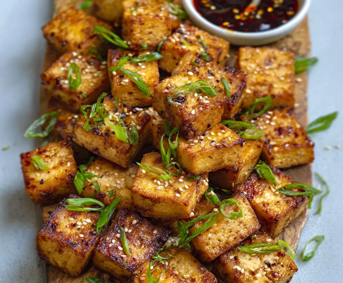 Crispy Air Fryer Tofu served on a plate with dipping sauce, garnished with green onions.