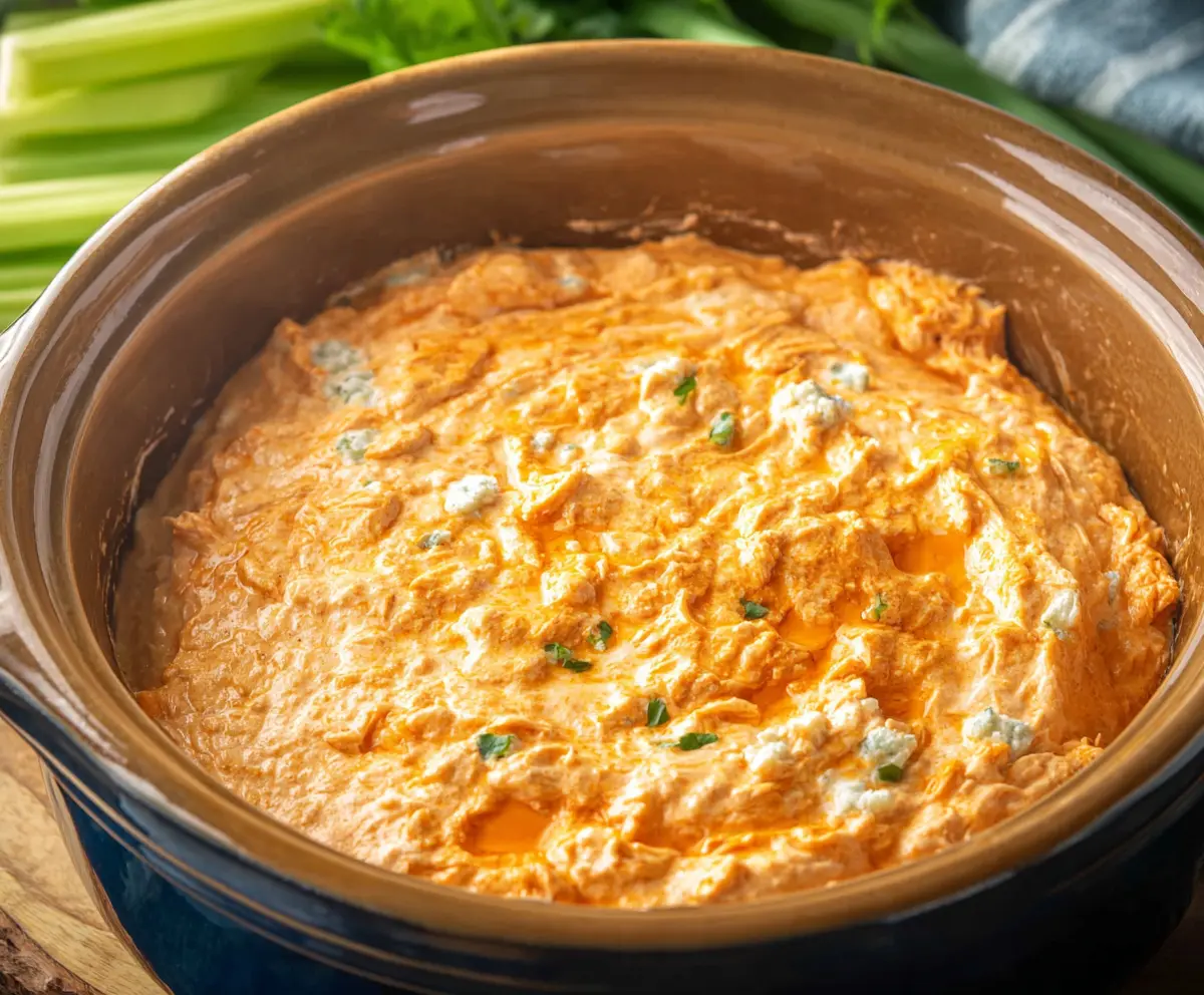 Creamy Crock Pot Buffalo Chicken Dip served with celery sticks and tortilla chips.