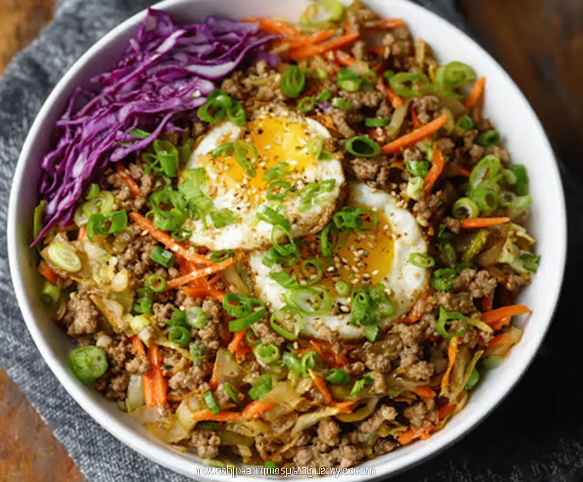 Tasty Egg Roll in a Bowl with shredded cabbage, ground pork, and colorful veggies in a frying pan