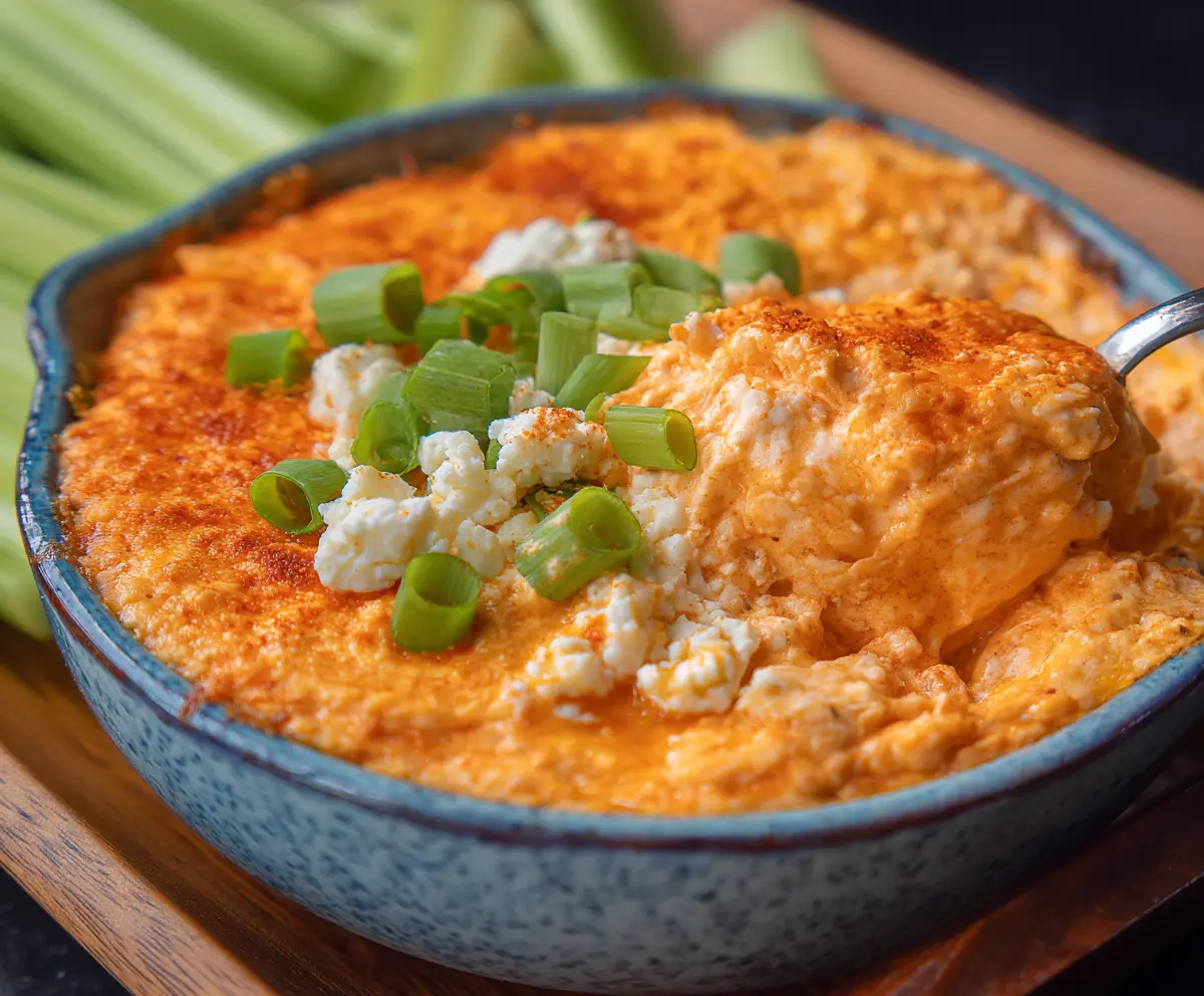 Spicy Frank’s RedHot Buffalo Chicken Dip served in a bowl with celery sticks