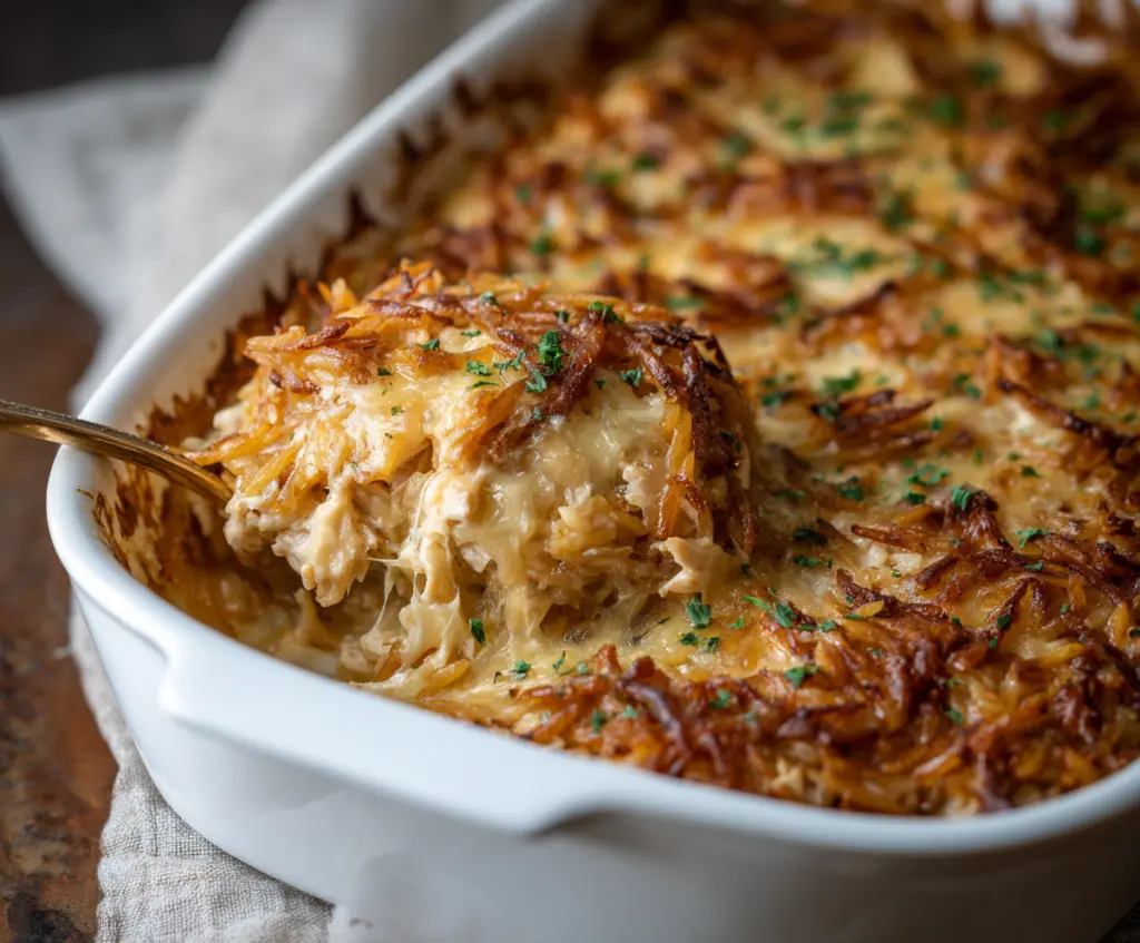 Creamy French Onion Chicken Orzo Casserole garnished with melted cheese and fresh herbs.