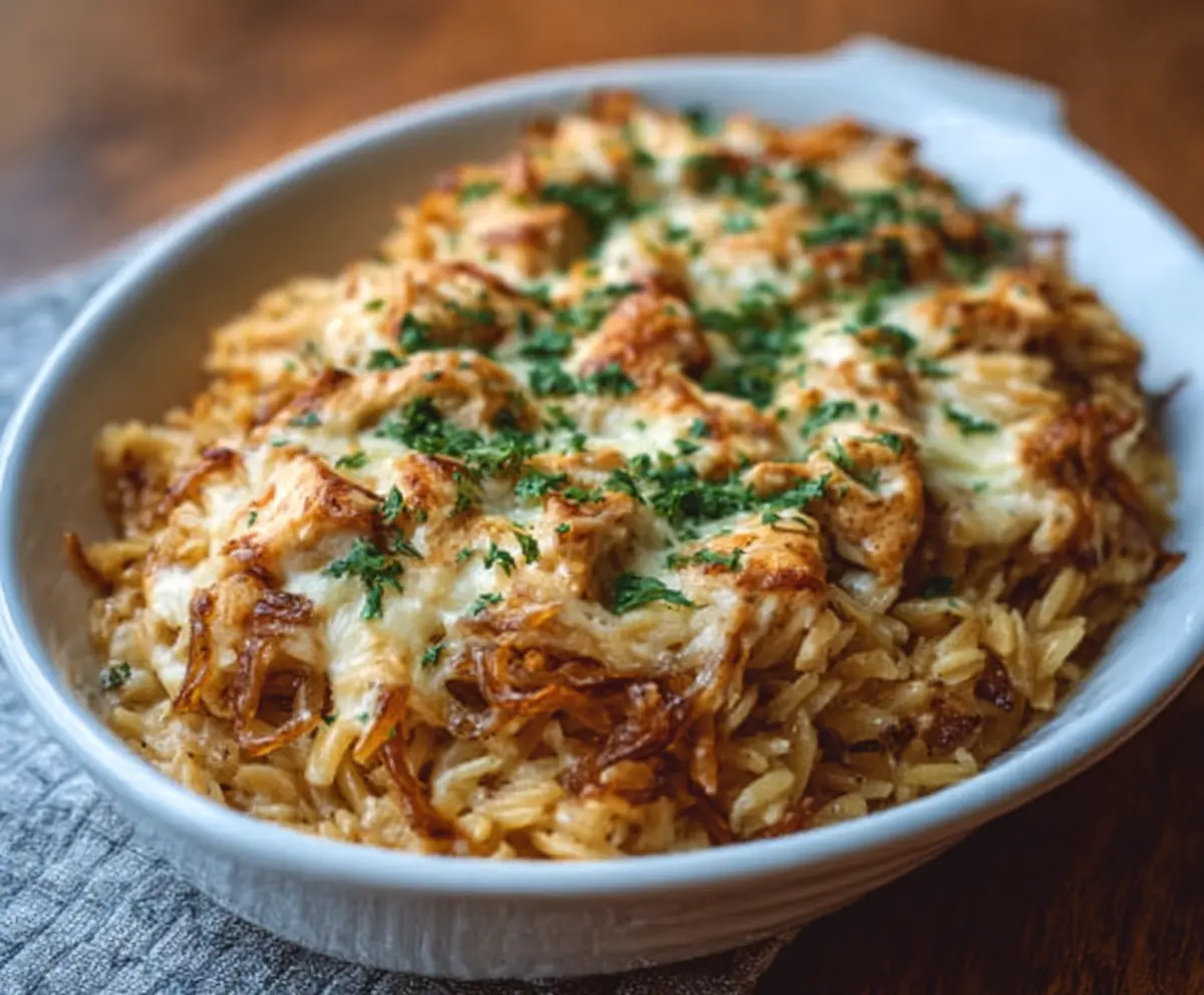 Easy French Onion Chicken Orzo Casserole