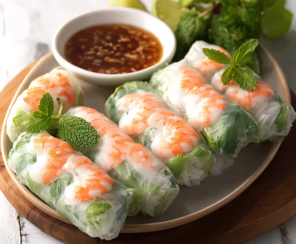 Fresh Vietnamese shrimp spring rolls with colorful vegetables and rice paper on a platter.