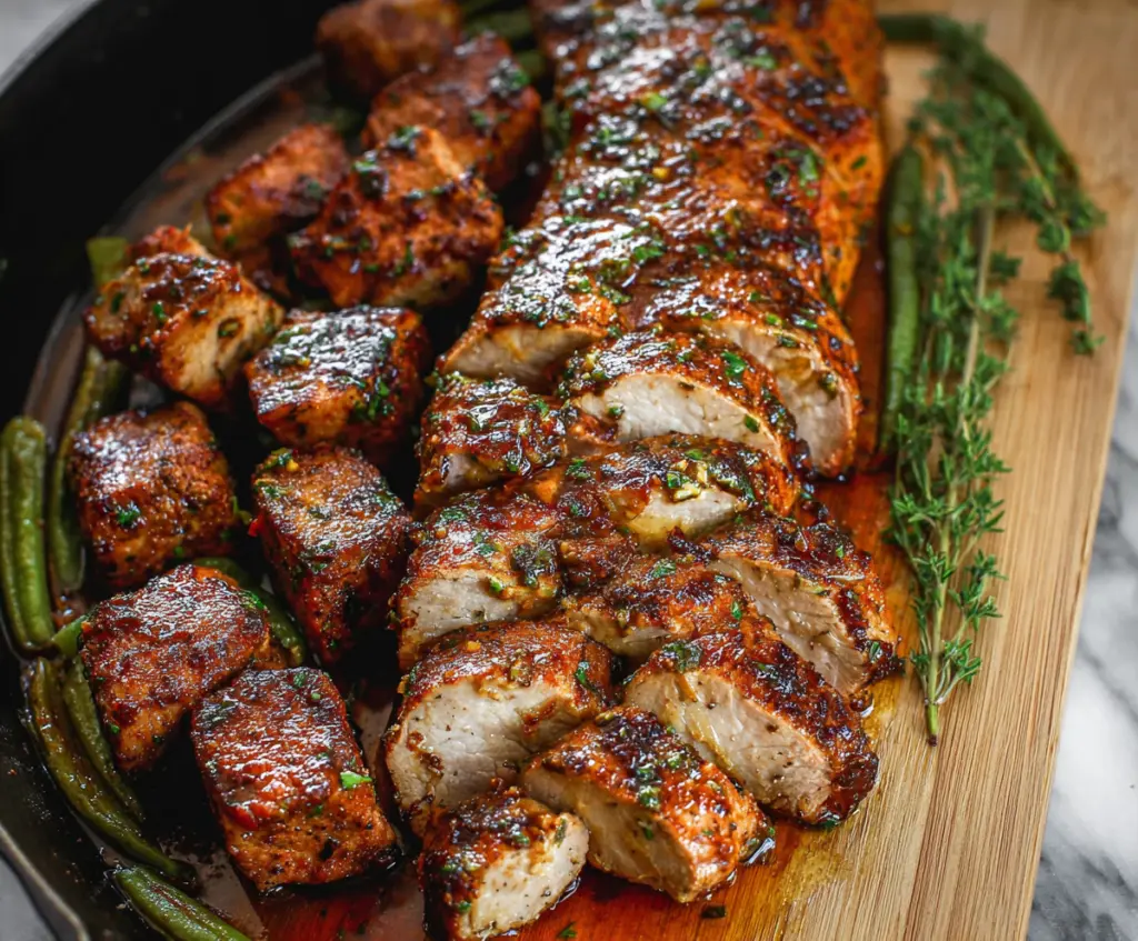 Juicy garlic butter pork tenderloin cooked to perfection on a plate with herbs.