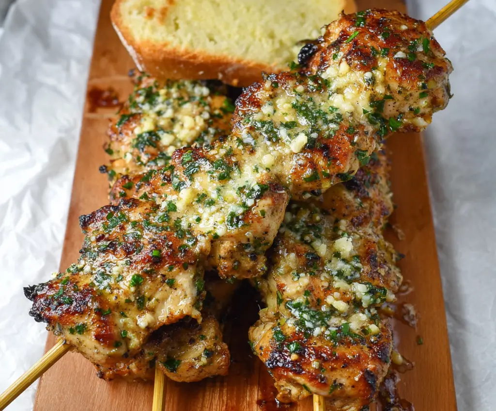 Juicy garlic Parmesan chicken skewers on a grilling platter with fresh herbs.